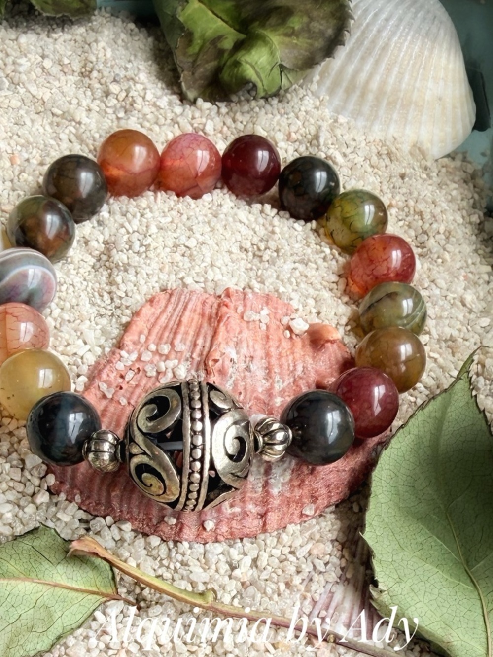 BRUTALIST Multicolor Agate Bead Bracelet with Ornate Silver Focal Bead